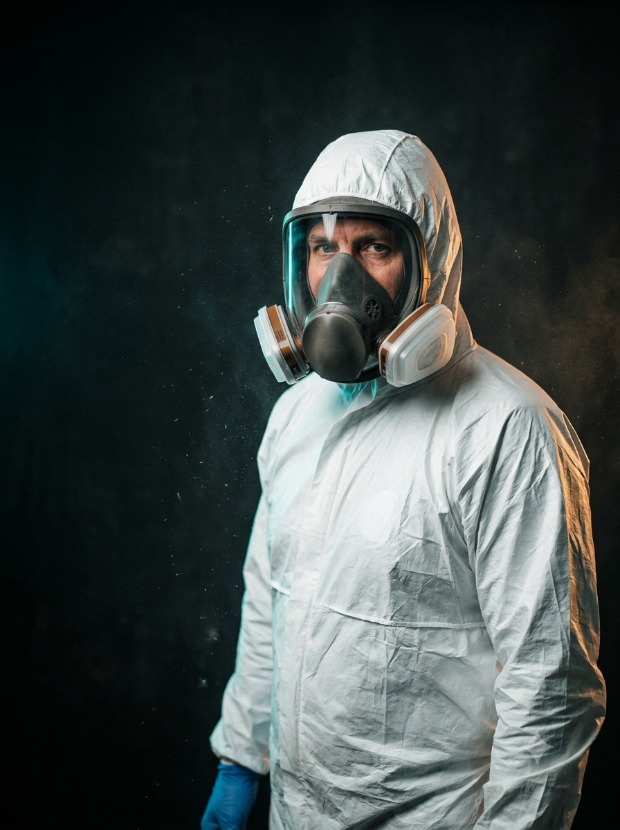 Licensed asbestos removal specialist in a full protective suit and respirator